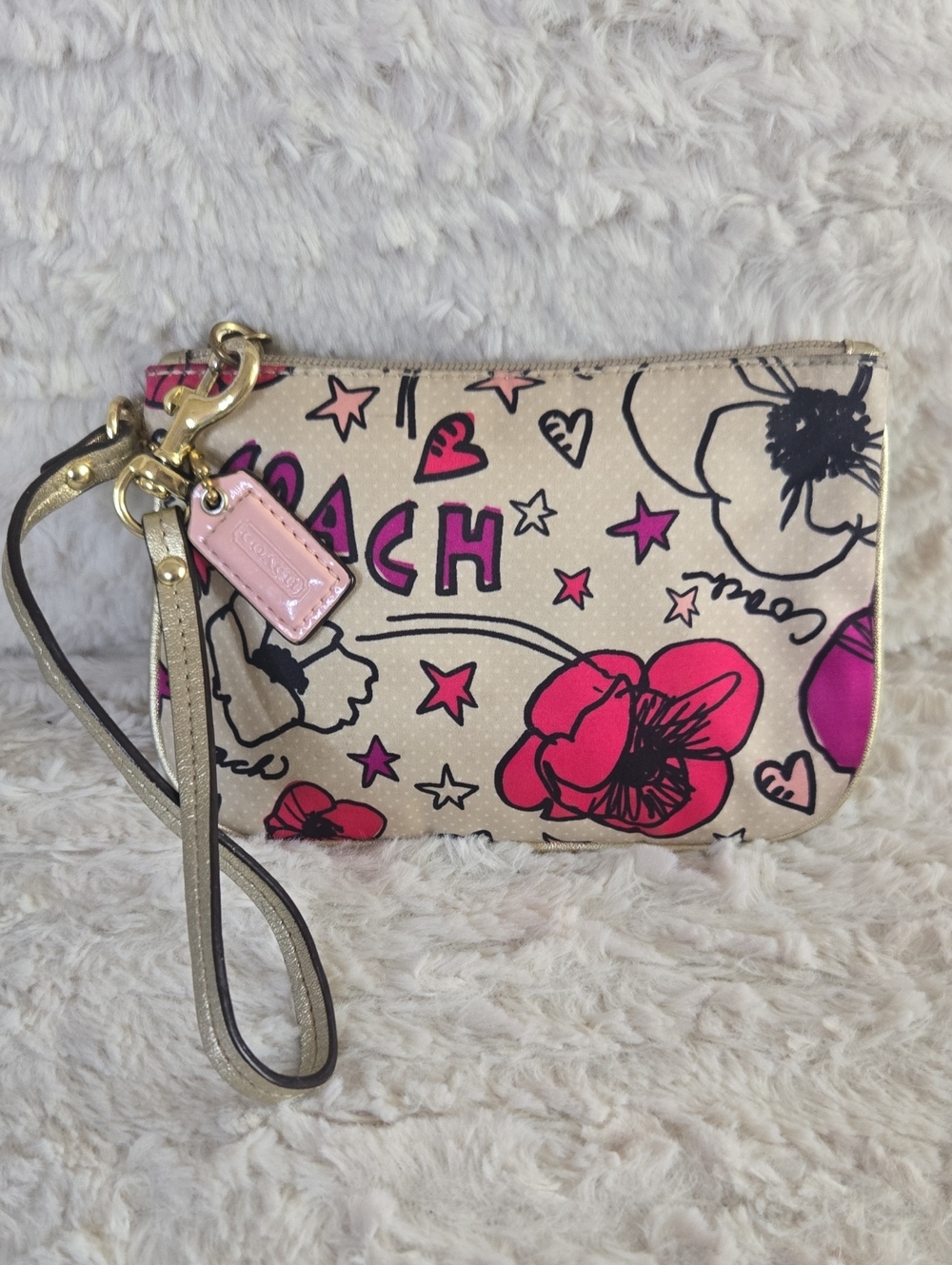 Coach Poppy Floral Canvas Wristlet in Beige and Pink